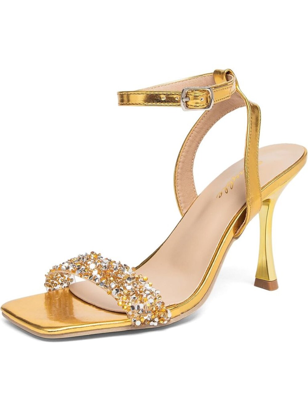 Women’s Gold Faux Leather Square Open Toe Ankle Strap Sparkly Rhinestone Heels